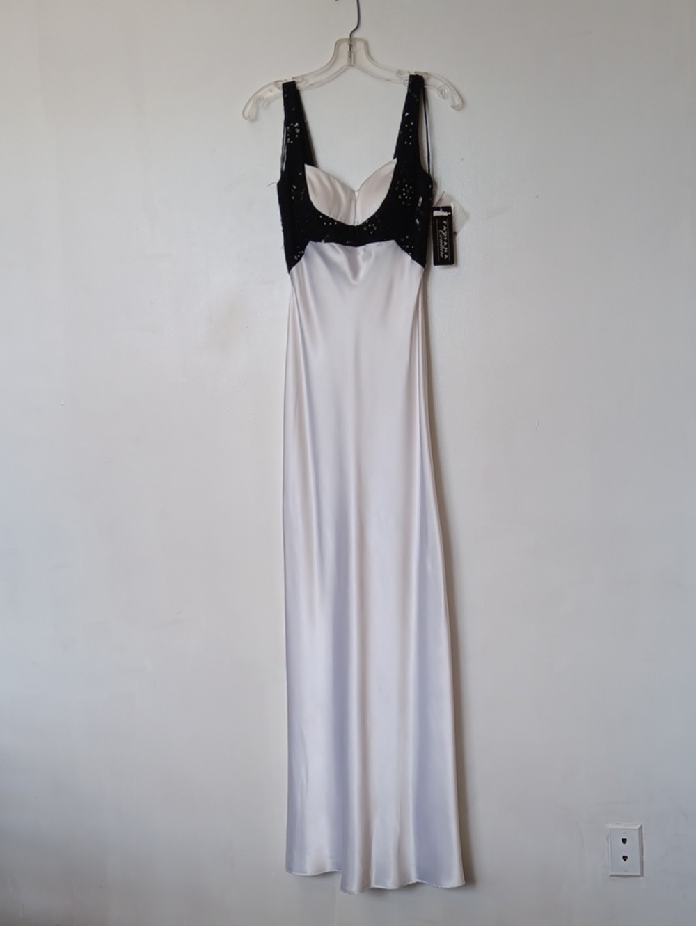 Faviana Black & White Satin Evening Gown with Embellished Bodice